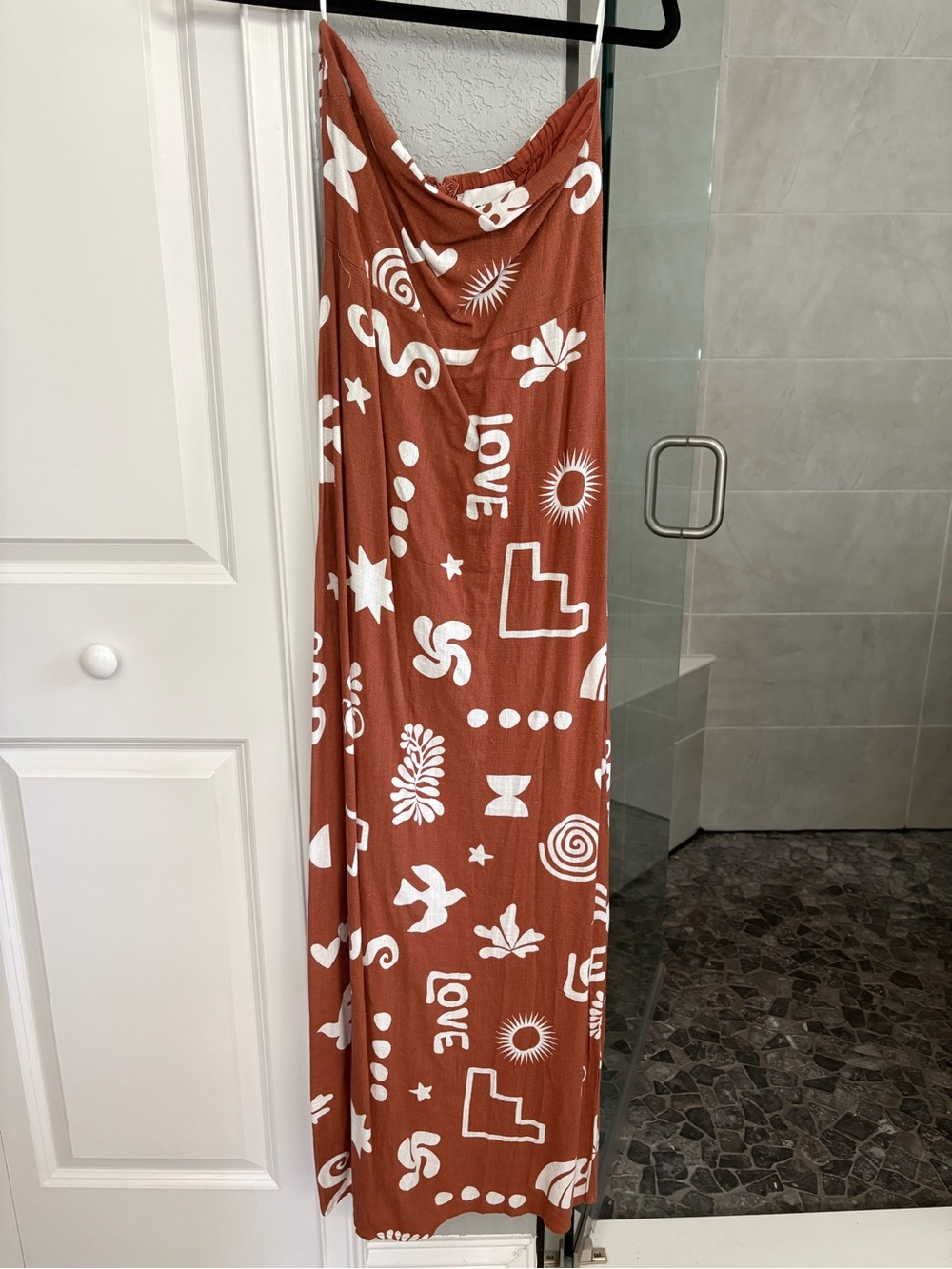 Women’s Strapless Maxi Dress in Rust with White Print